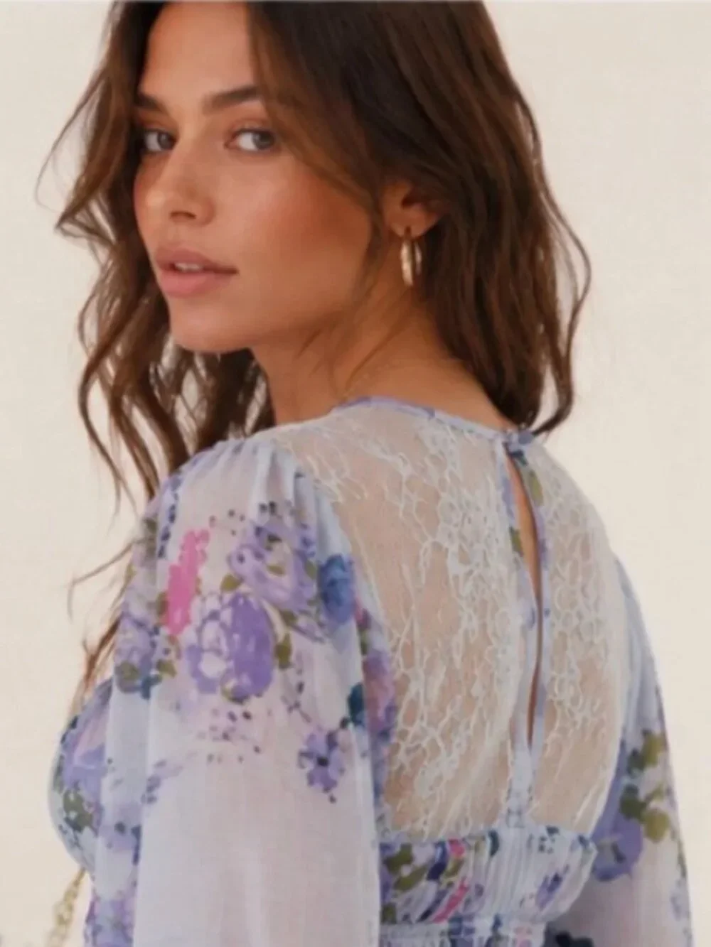 Free People | Daphne Smocked Blouse Blue Floral & Sheer Lace	| Size Medium